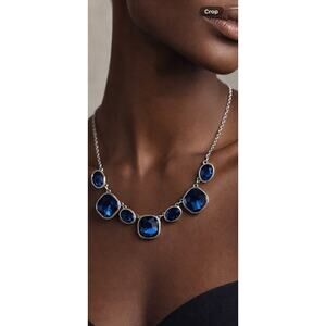 Crown Trifari Blue Rhinestone Statement Necklace Silver Tone 18”